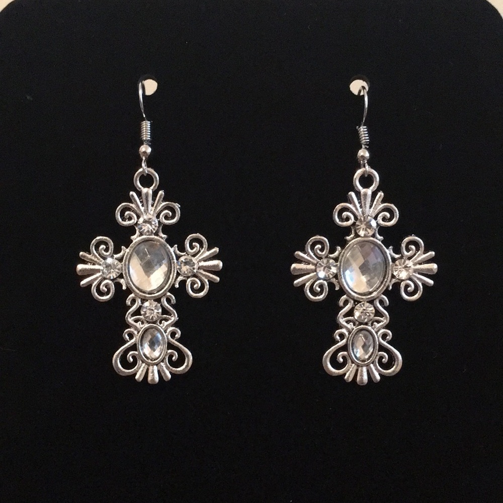 Rhinestone Cross Earrings - Clear